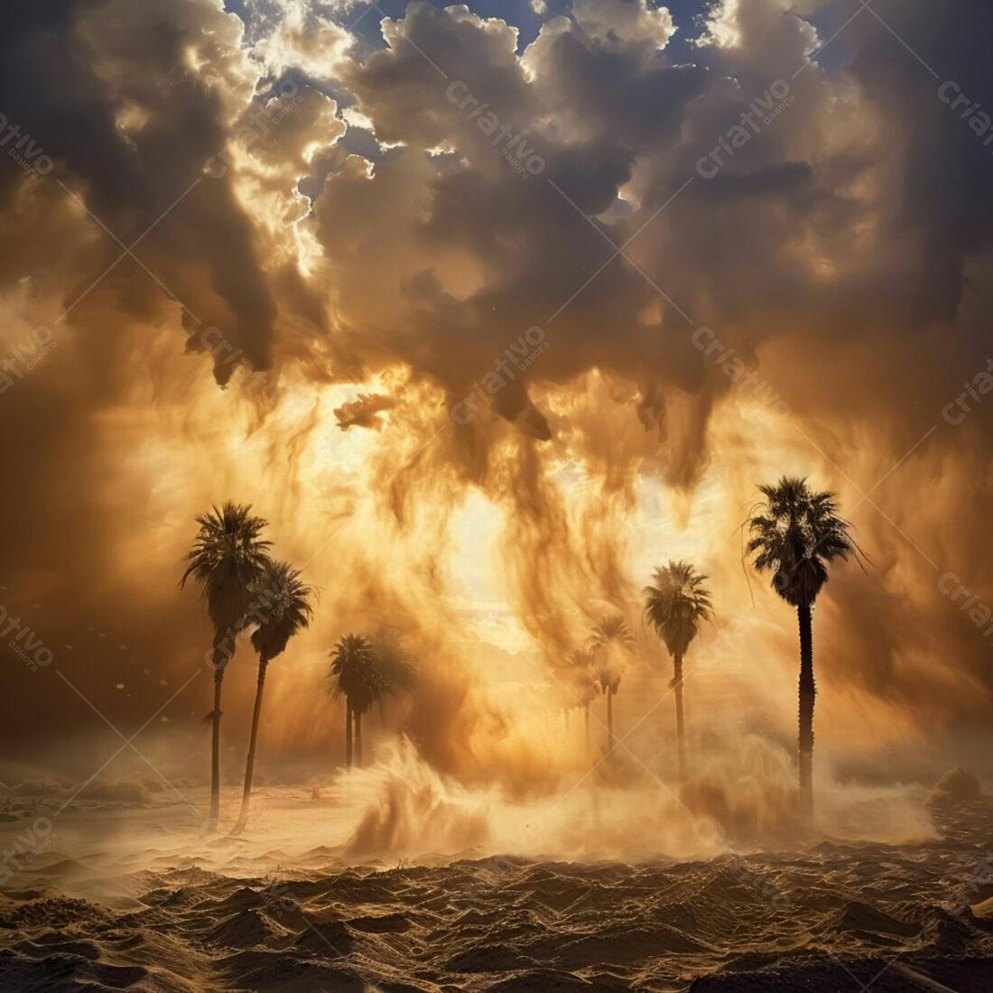 Tempestade de areia no deserto com palmeiras