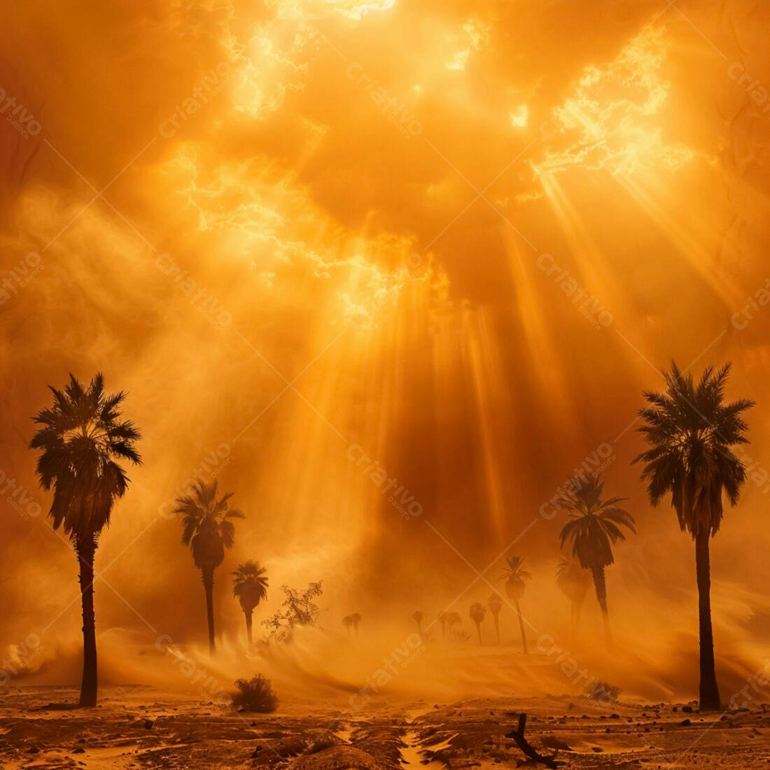 Tempestade de areia no deserto com palmeiras