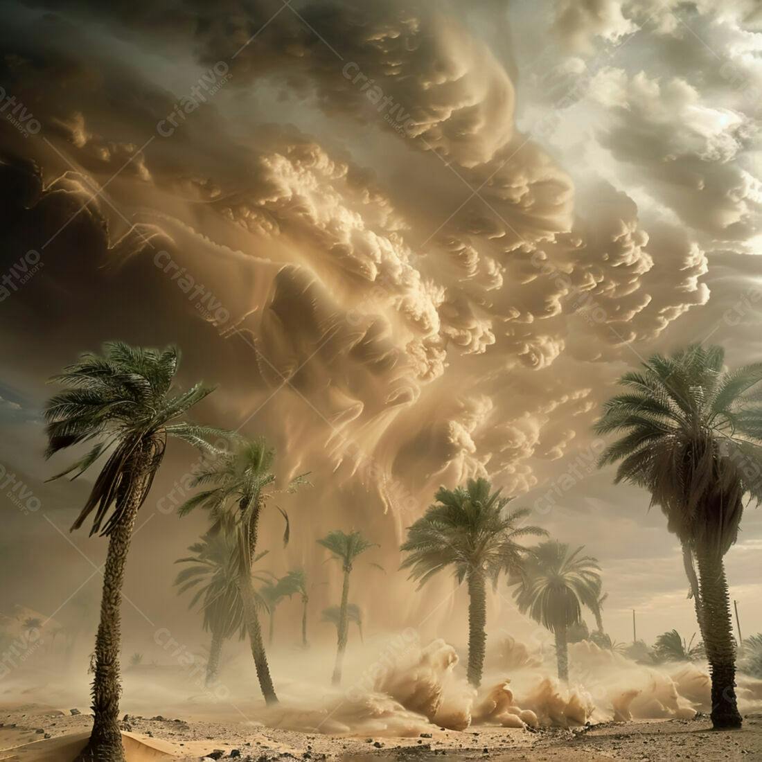 Tempestade de areia no deserto com palmeiras