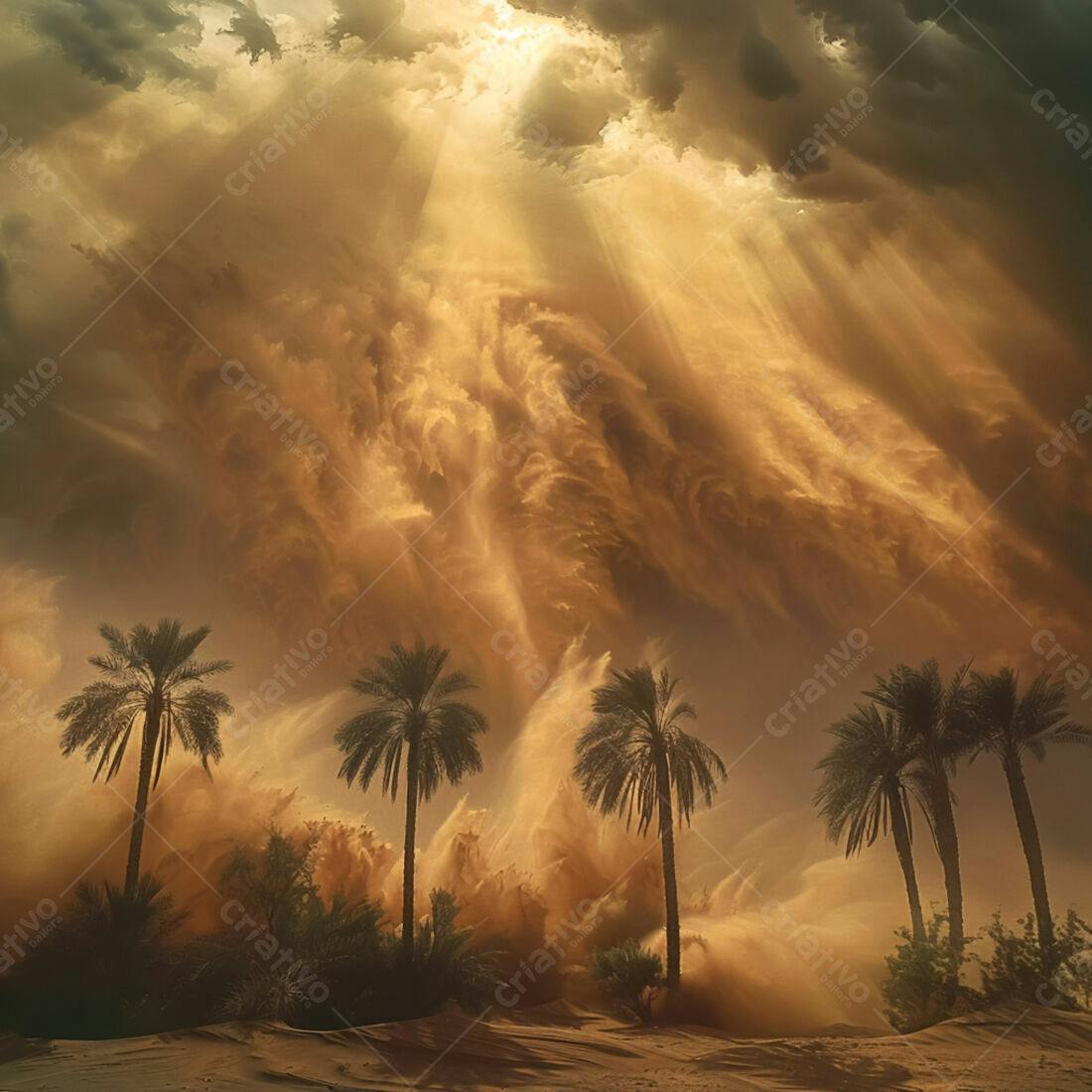 Tempestade de areia no deserto com palmeiras