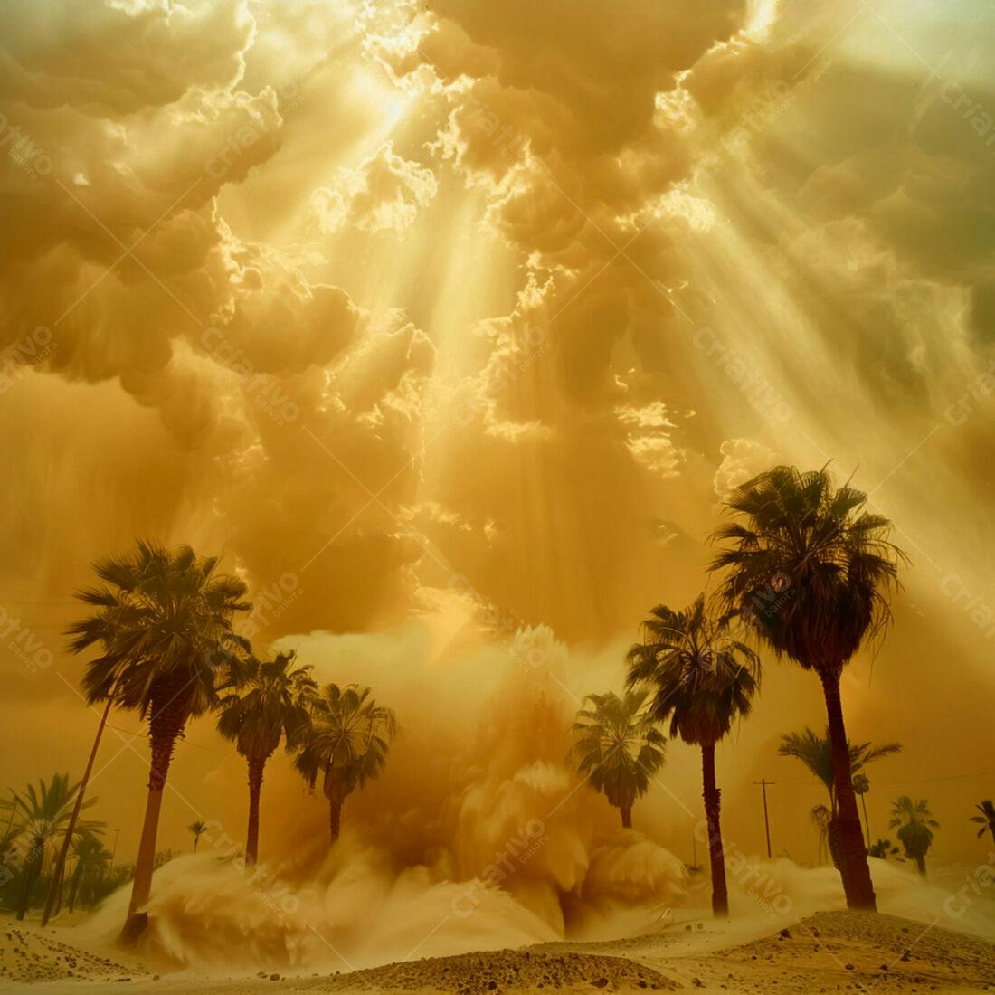 Tempestade de areia dourada sobre palmeiras