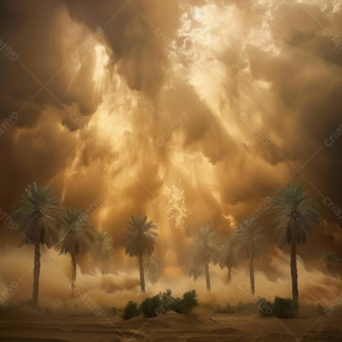 Palmeira no deserto sob tempestade de areia