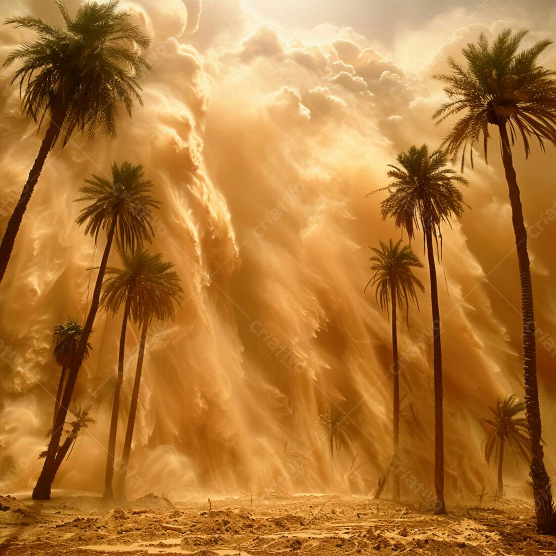 Tempestade de areia no deserto com palmeiras
