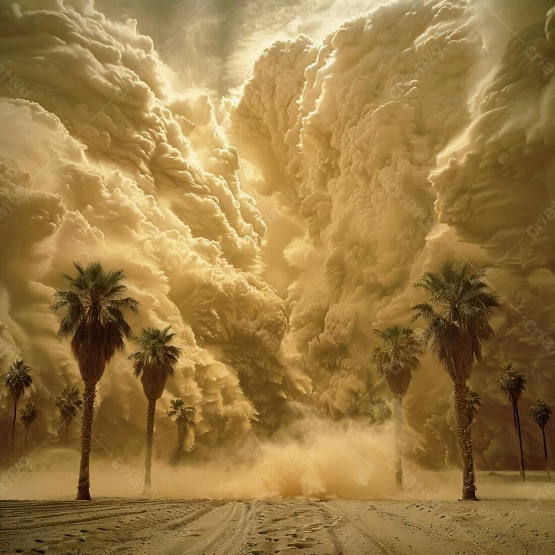 Tempestade de areia no deserto com palmeiras