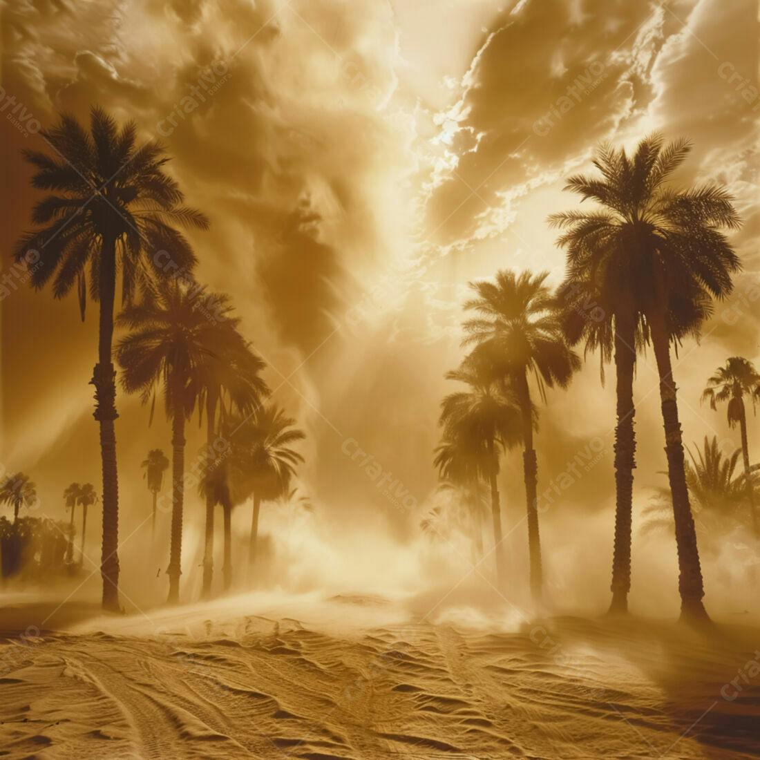 Palmeira no Deserto sob Tempestade de Areia
