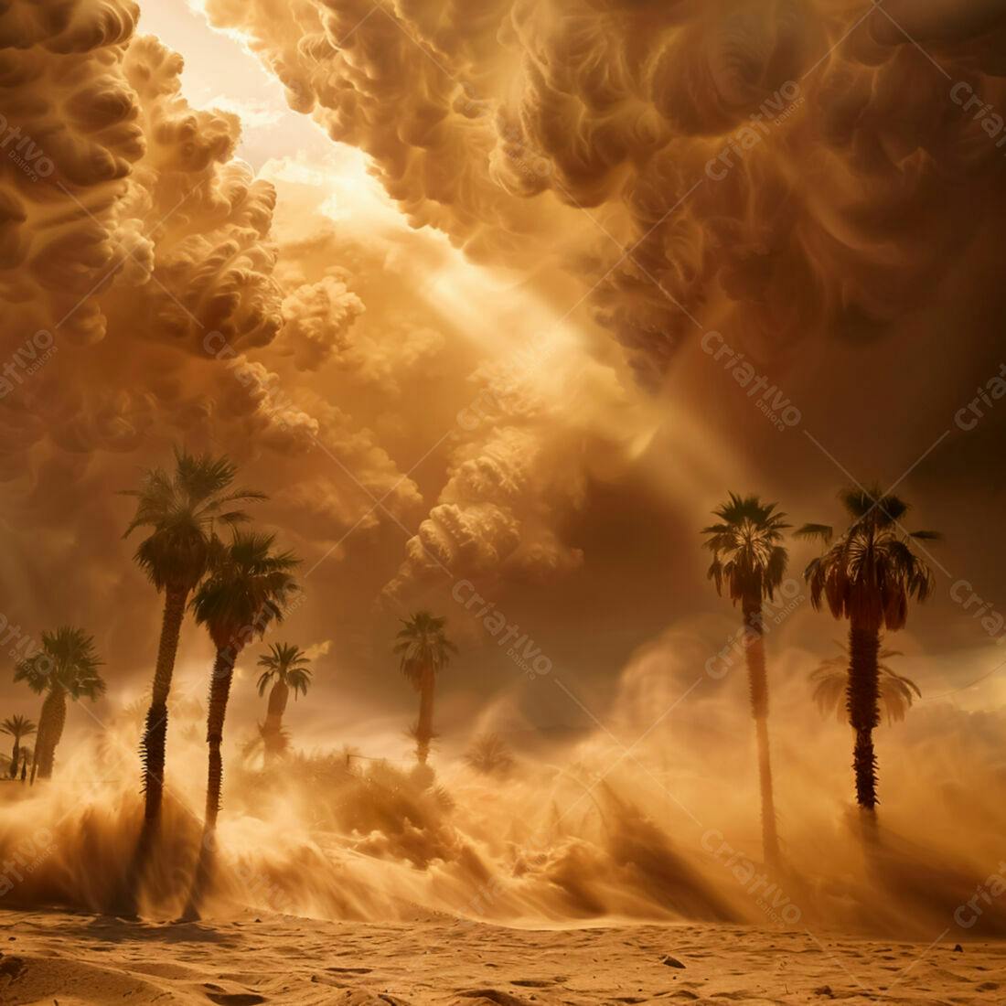 Tempestade de areia no deserto com palmeiras