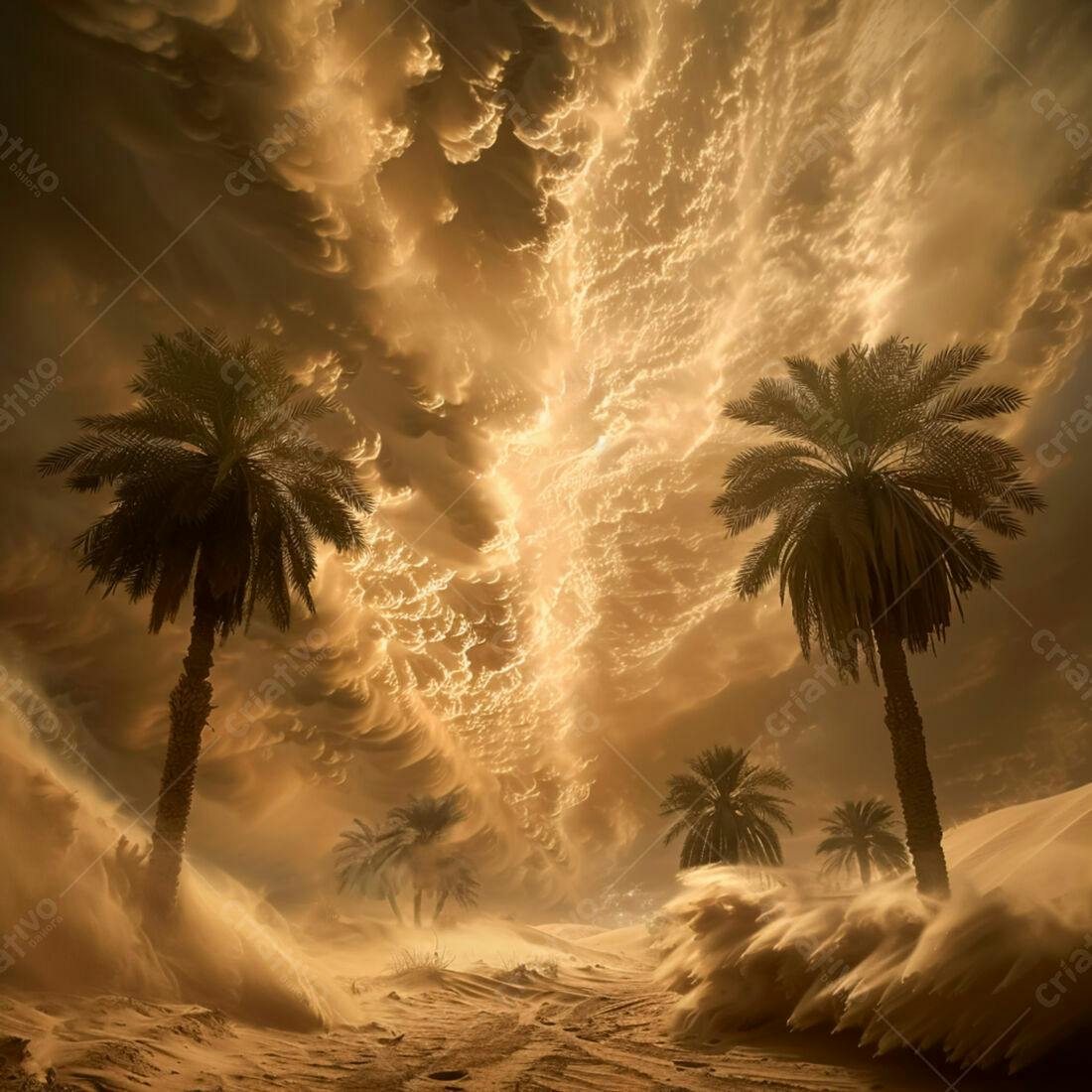 Palmeira e tempestade de areia no deserto