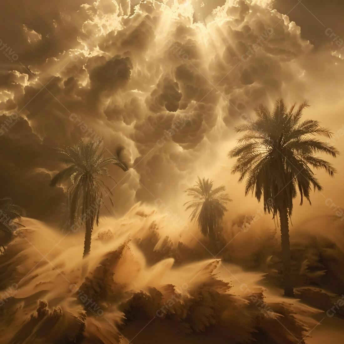 Palmeira no deserto sob tempestade de areia
