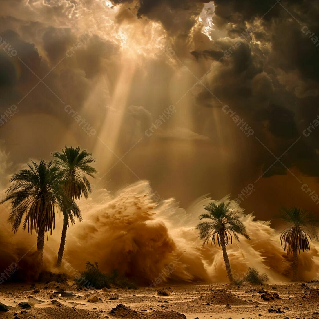 Tempestade de areia no deserto com palmeiras
