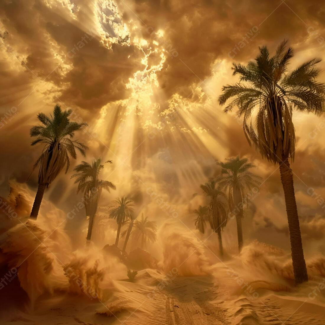 Palmeira no deserto sob tempestade de areia