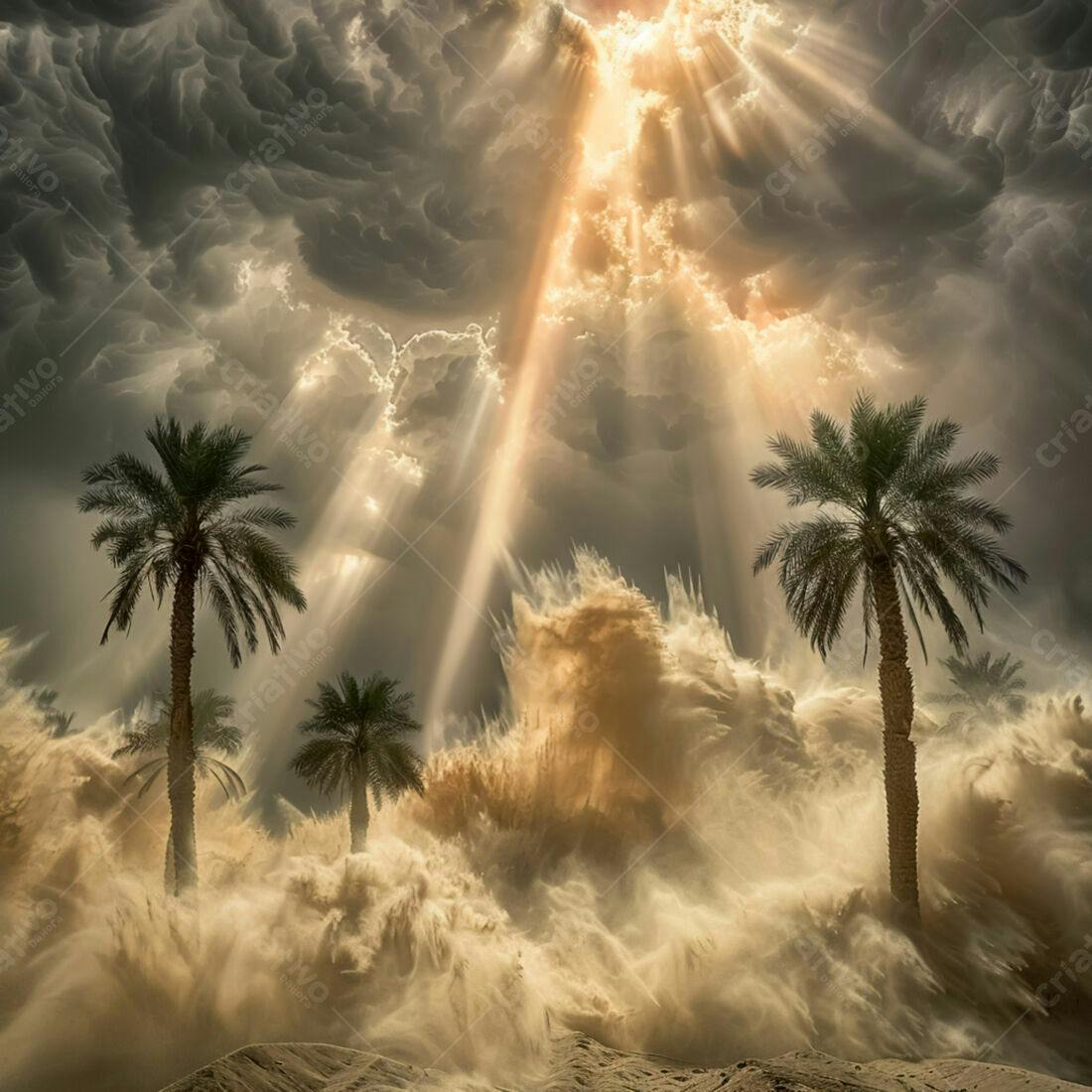 Palmeira em tempestade de areia com raios de sol