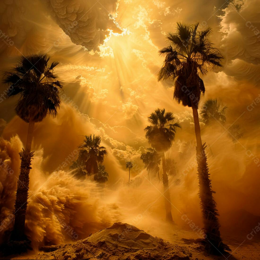 Palmeira em tempestade de areia dourada