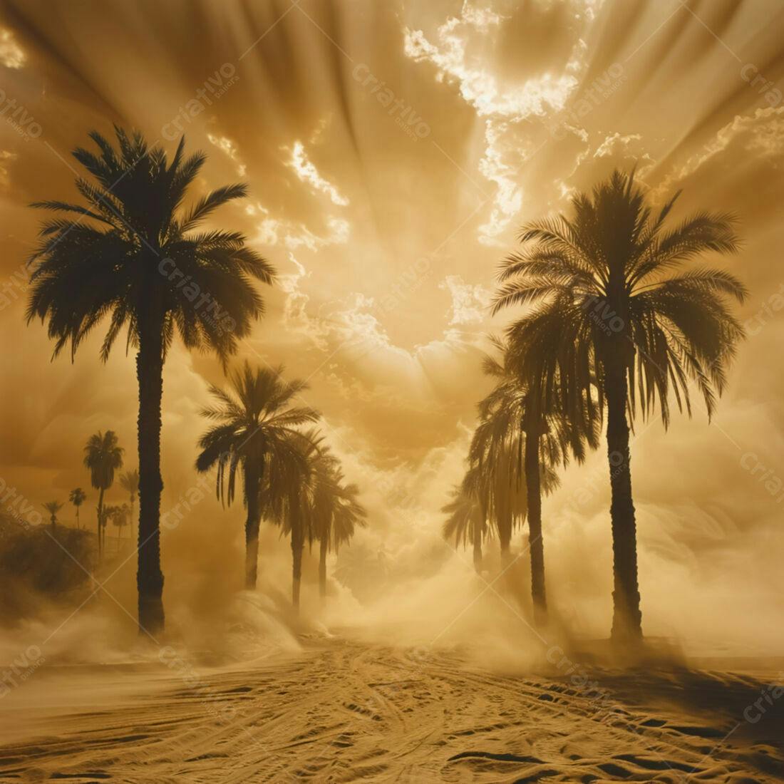 Palmeira no deserto sob tempestade de areia