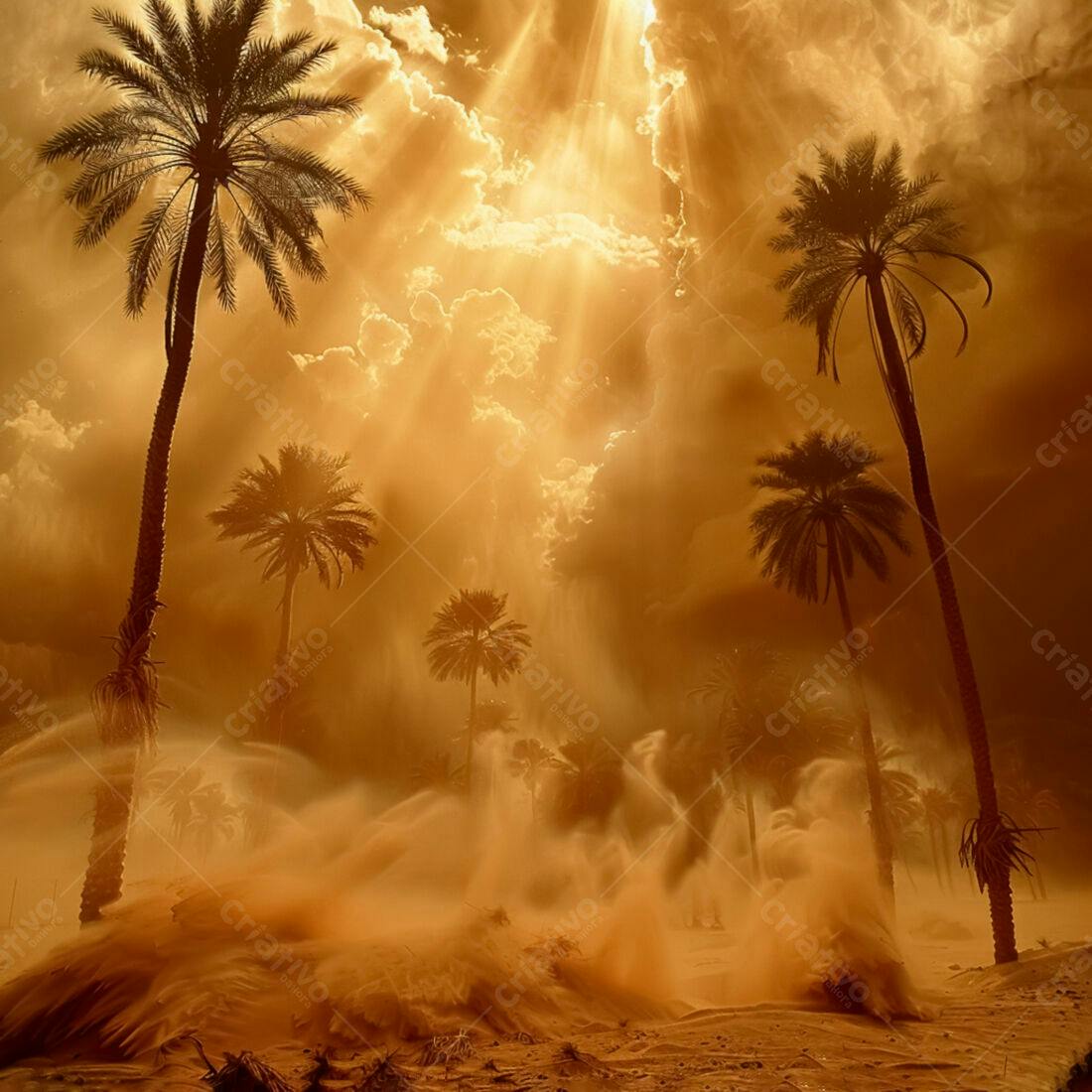 Palmeira no deserto sob tempestade de areia