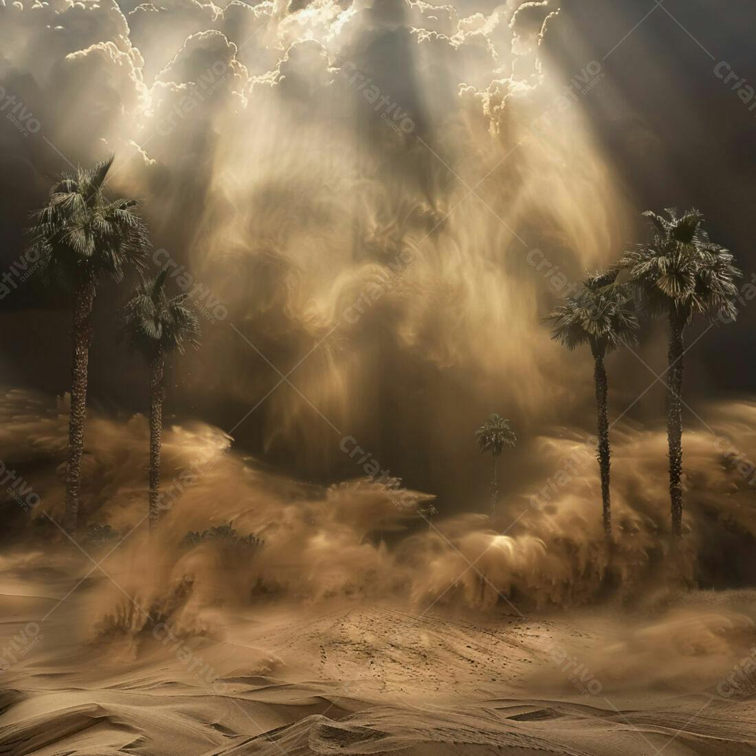 Tempestade de areia no deserto com palmeiras