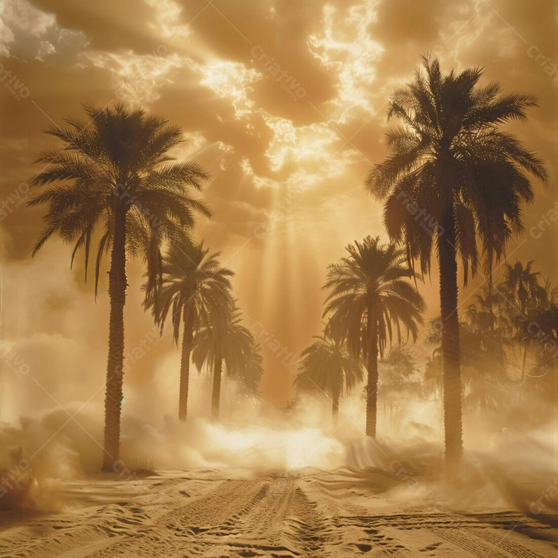 Palmeira no deserto sob tempestade de areia