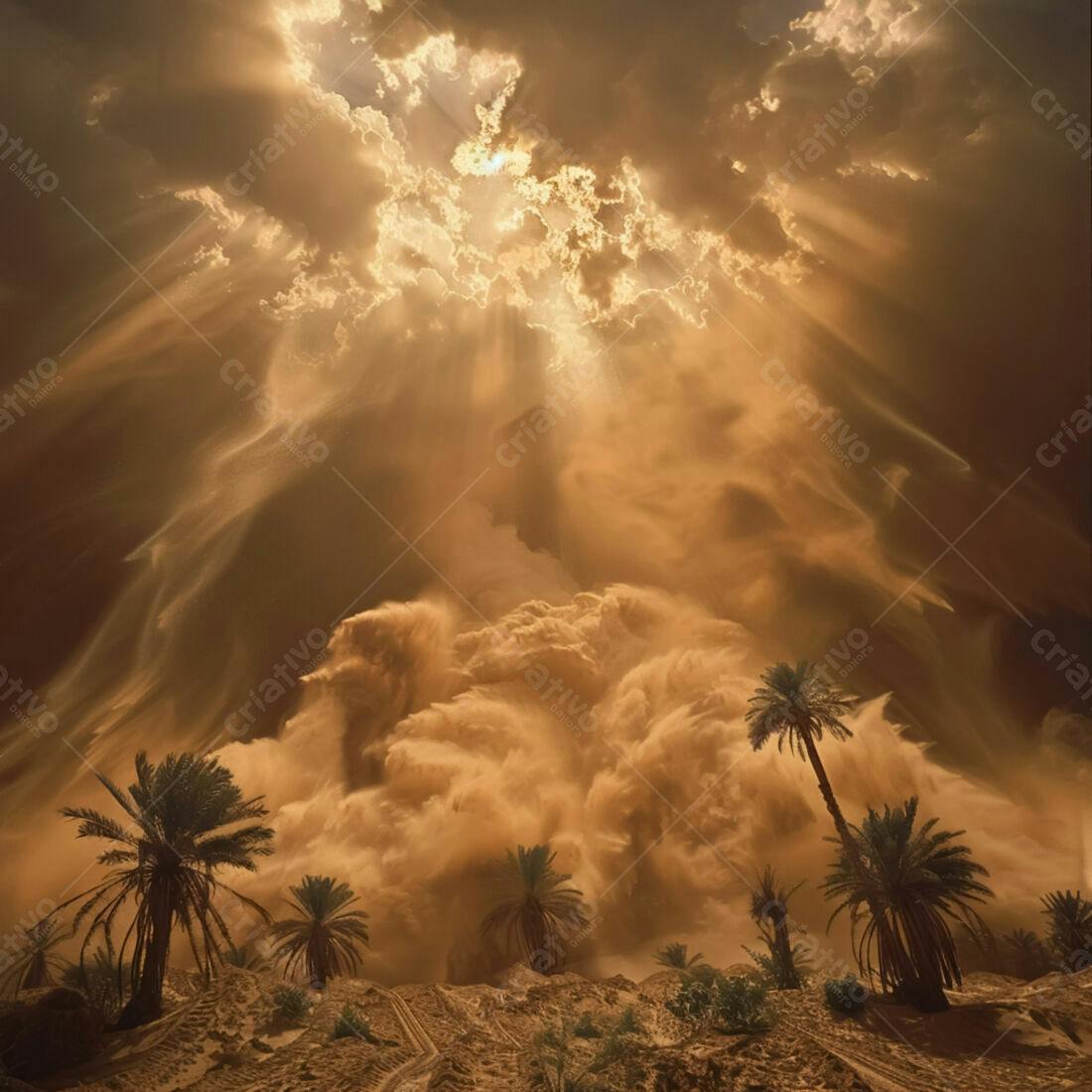 Tempestade de areia no deserto com palmeiras