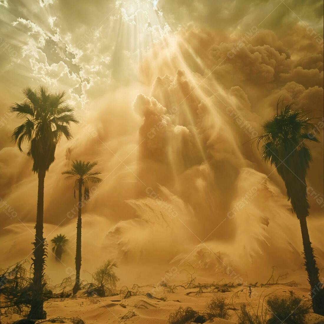 Tempestade de areia no deserto com palmeiras