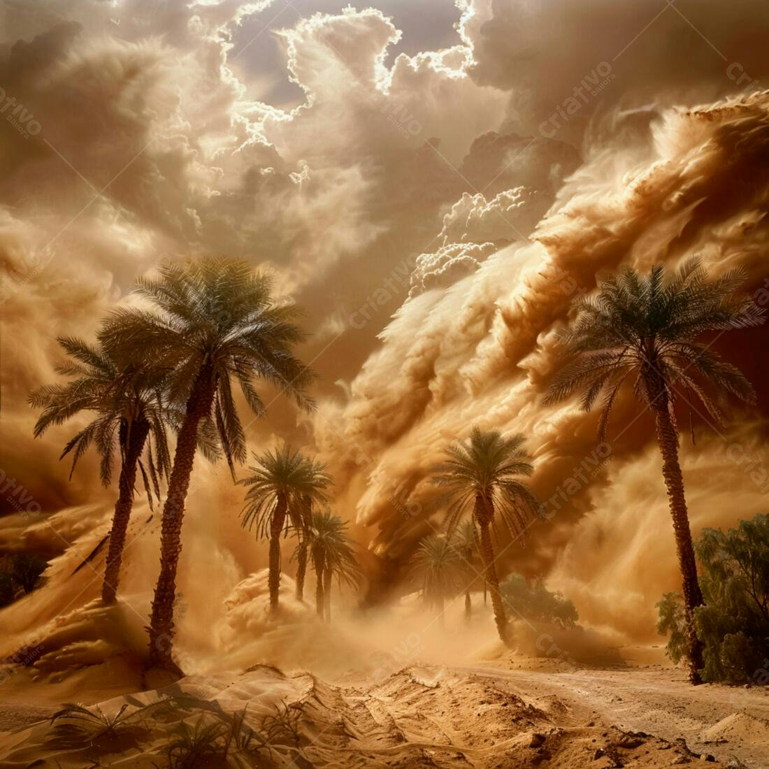 Tempestade de areia no deserto com palmeiras