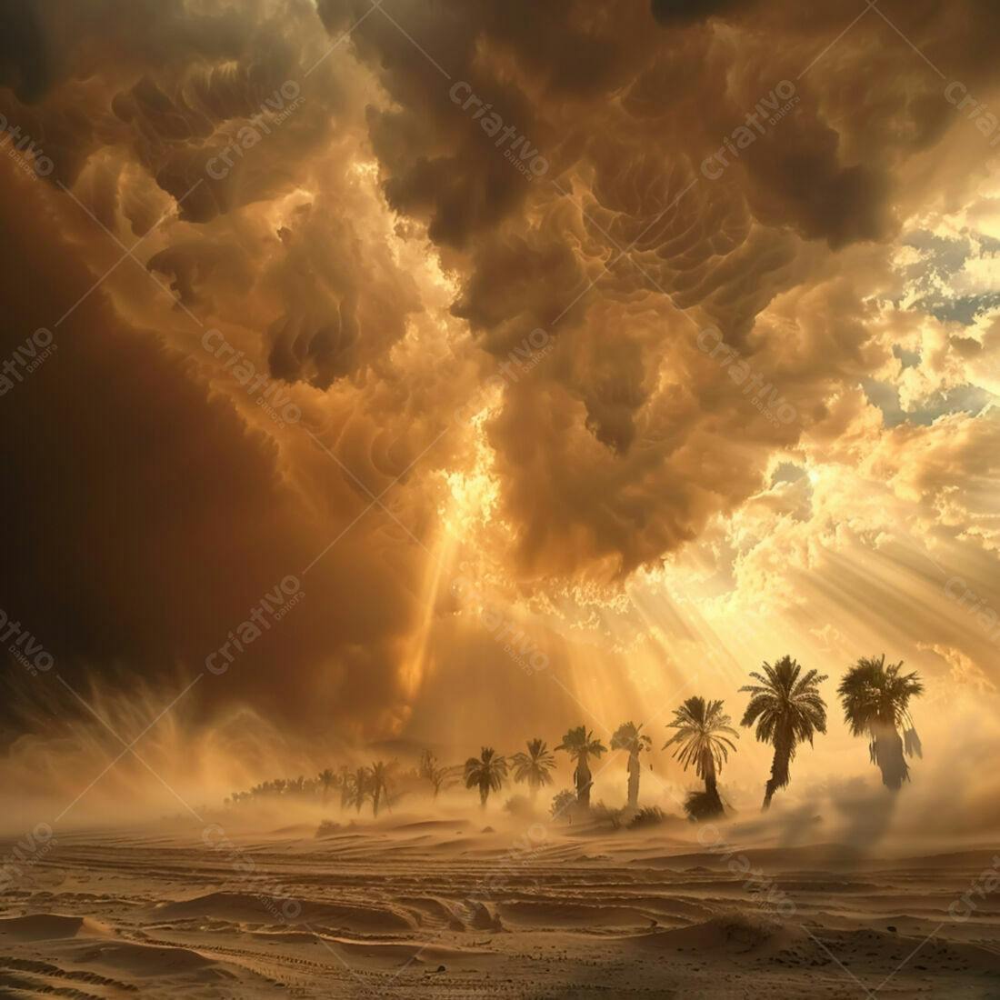 Tempestade de areia no deserto com palmeiras ao pôr do sol