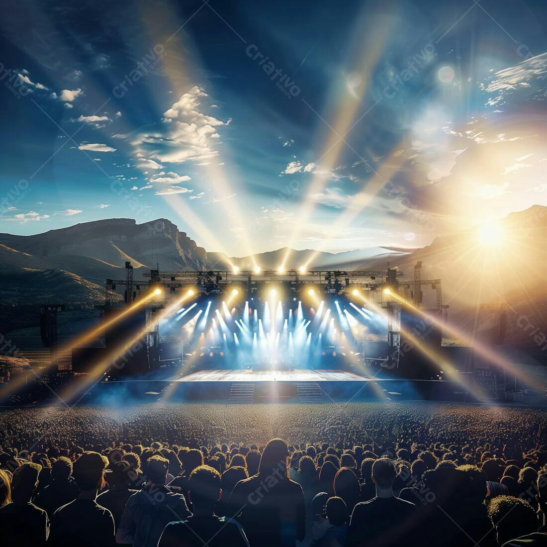 Show ao ar livre com multidão e palco iluminado