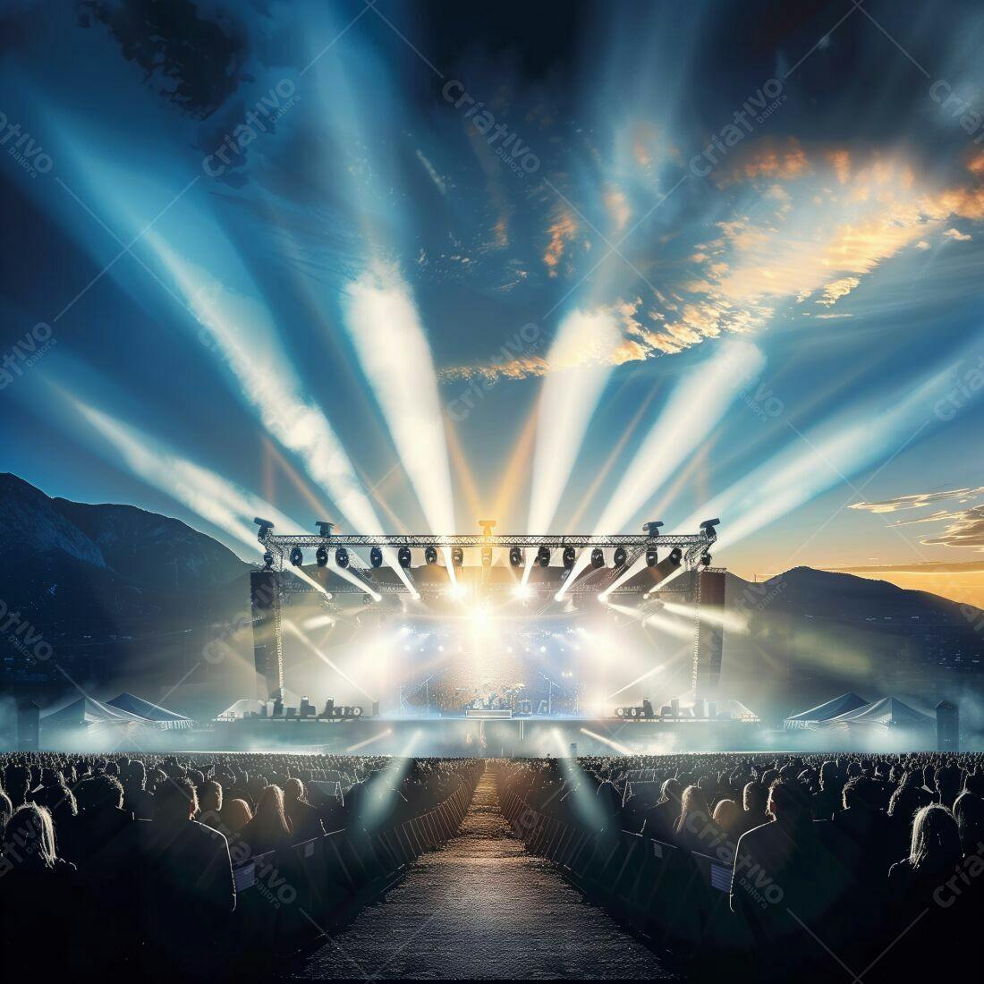 Show ao ar livre com palco iluminado ao entardecer