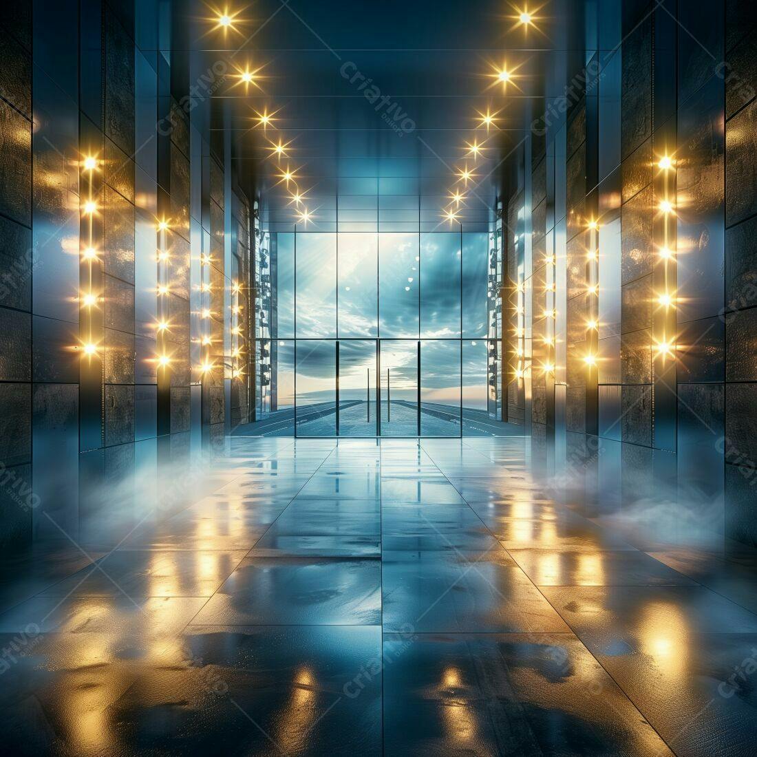 Hall moderno com vista para o mar ao entardecer