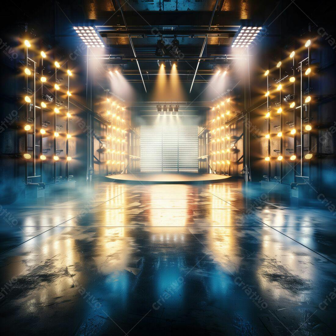 Palco iluminado em galpão industrial