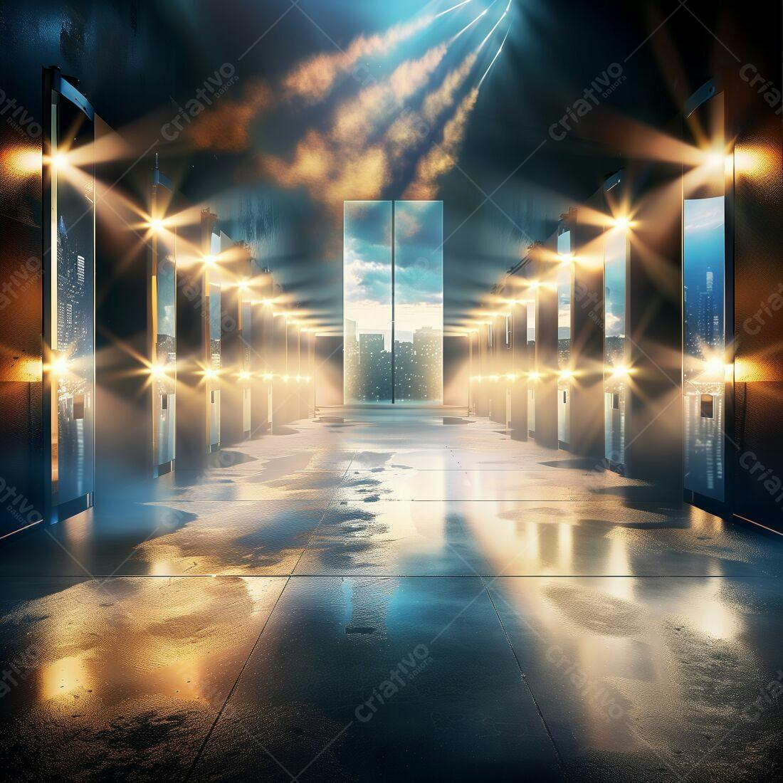 Corredor futurista com vista noturna da cidade