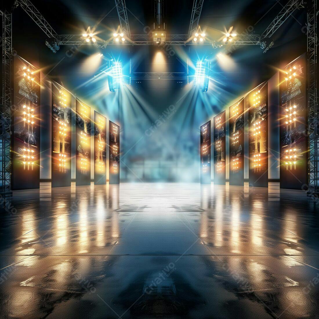 Palco iluminado com holofotes e painéis