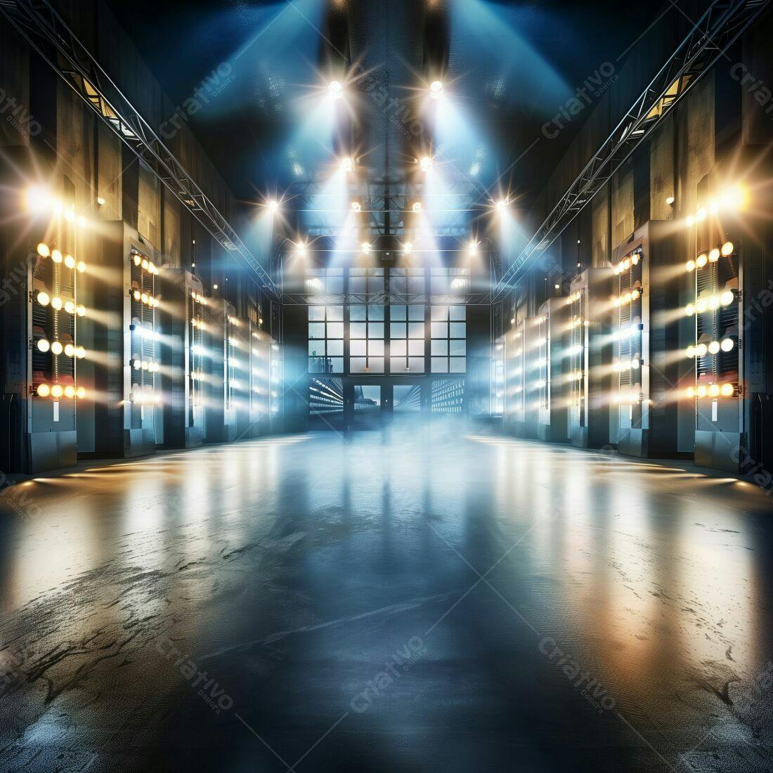 Galpão industrial iluminado para evento