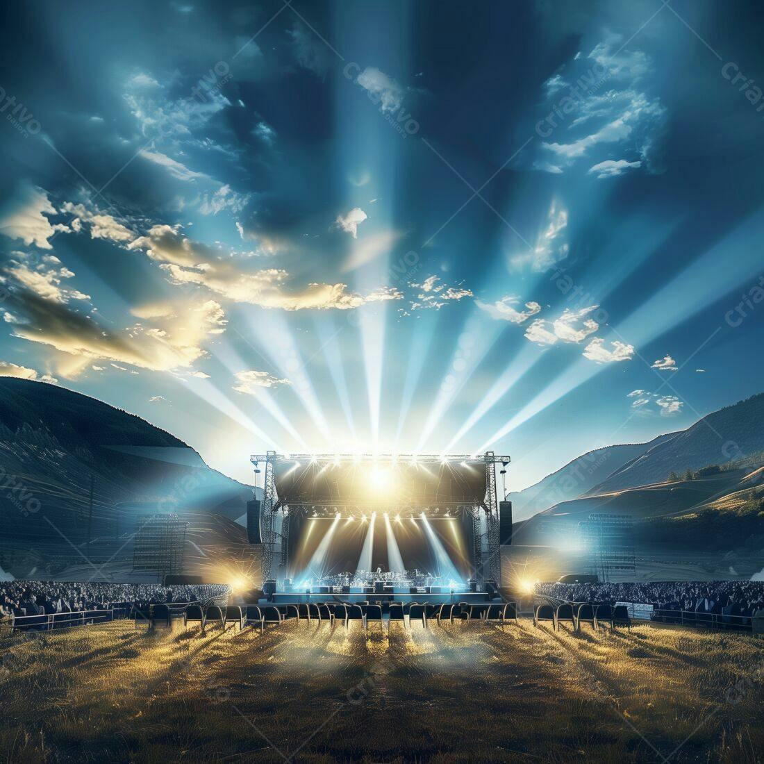 Show ao ar livre palco iluminado ao entardecer