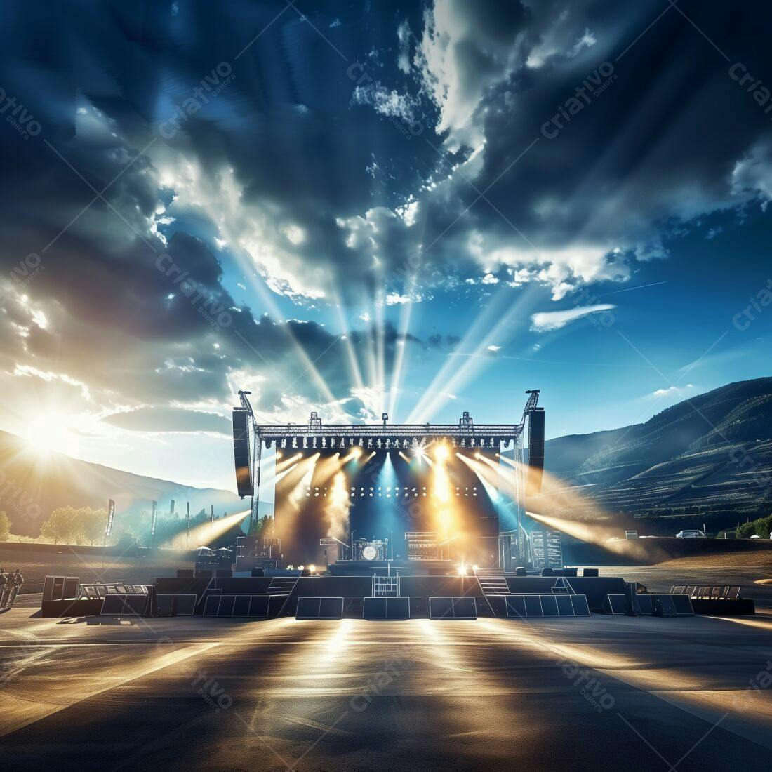 Palco de show ao entardecer com luzes