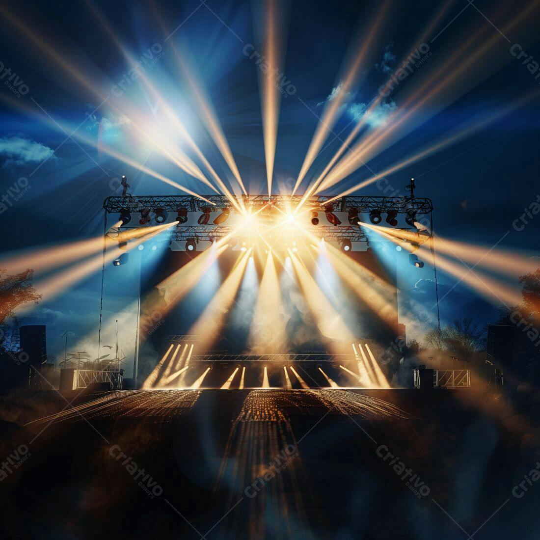 Palco iluminado com luzes de show ao ar livre