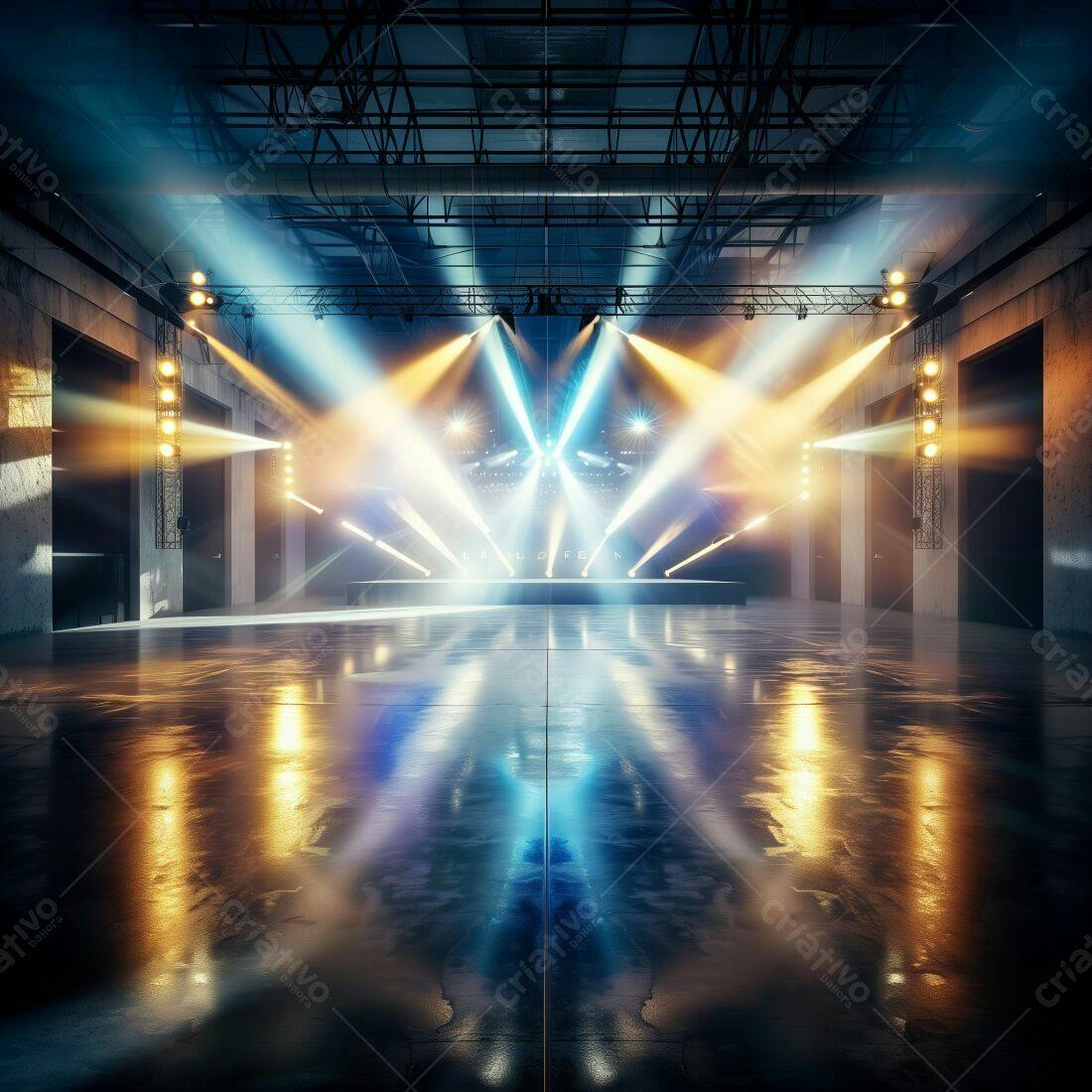 Palco iluminado em galpão industrial