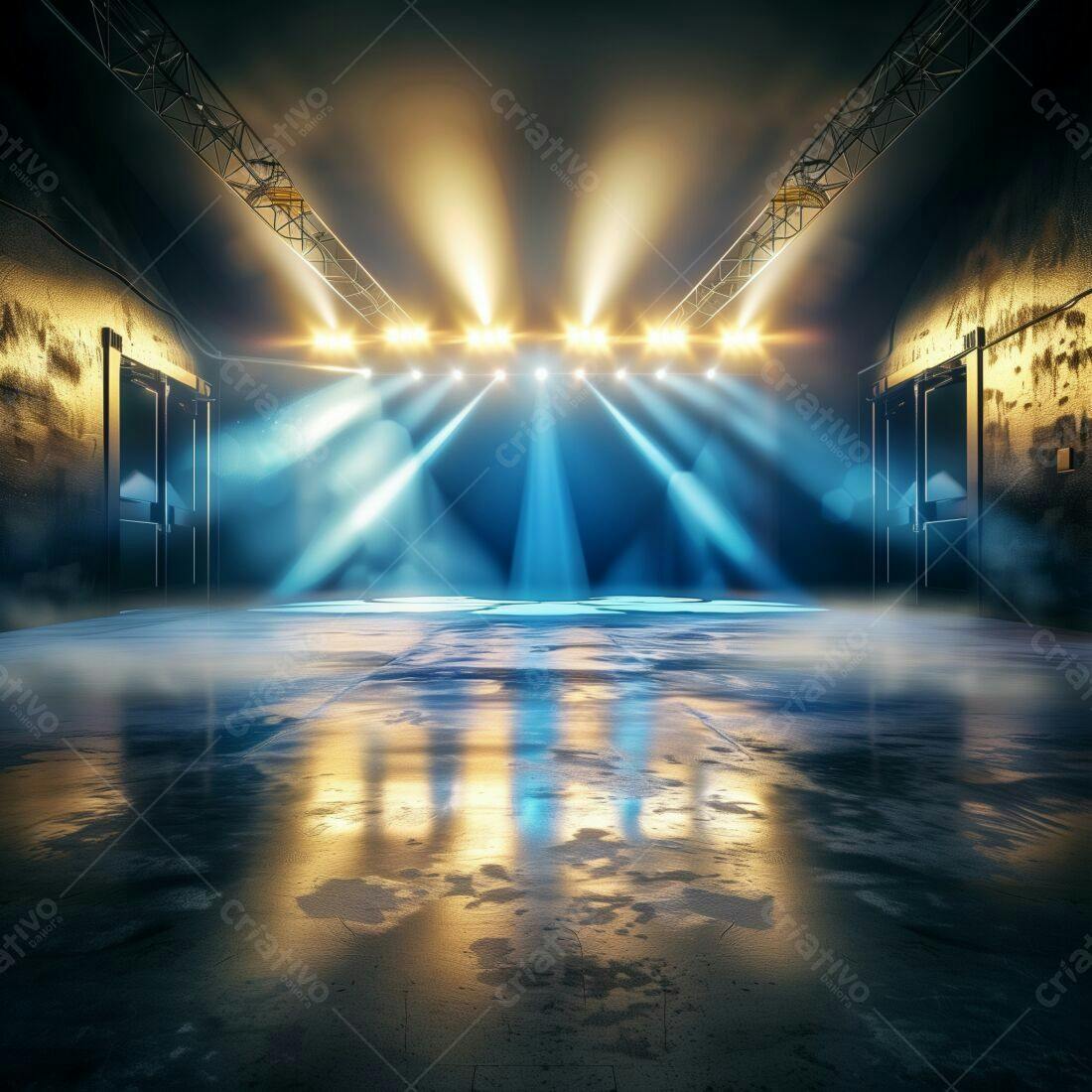 Palco iluminado com luzes azuis e amarelas
