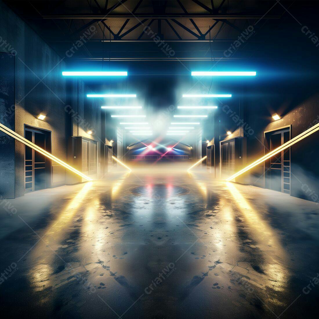 Galeria Neon Ambientada com Luzes Azuis e Amarelas