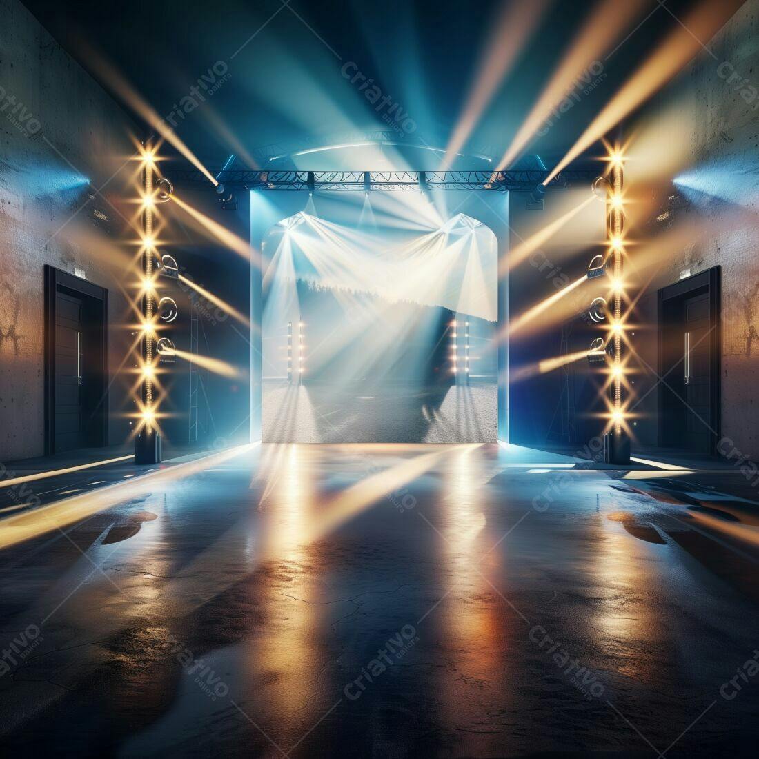 Palco iluminado em galpão industrial