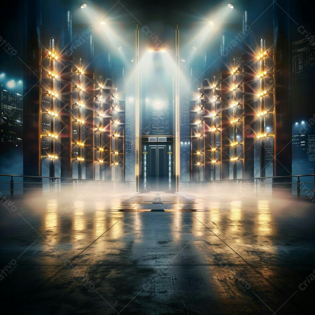 Elevador futurista em cidade noturna iluminada