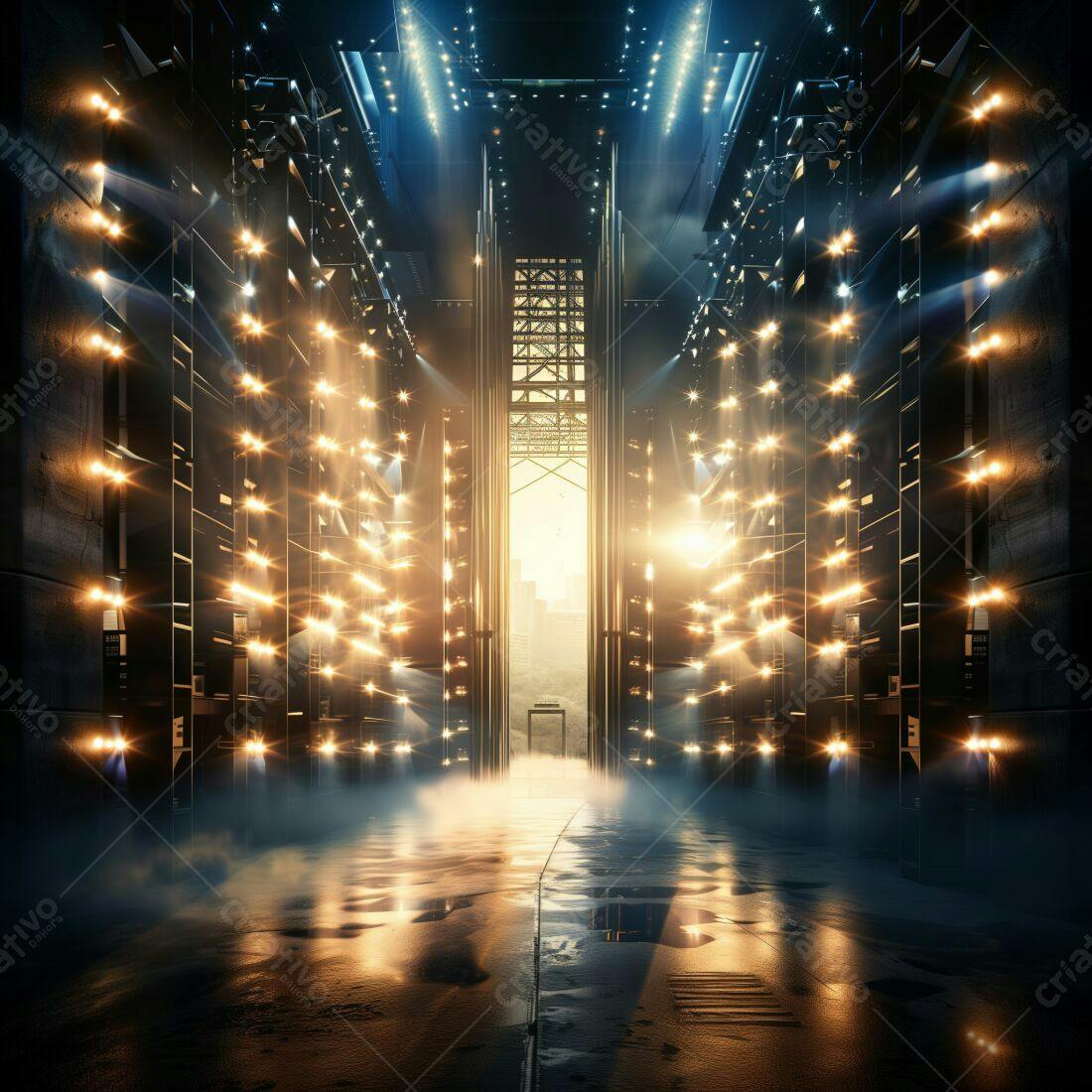 Cenário industrial iluminado com ponte ao fundo