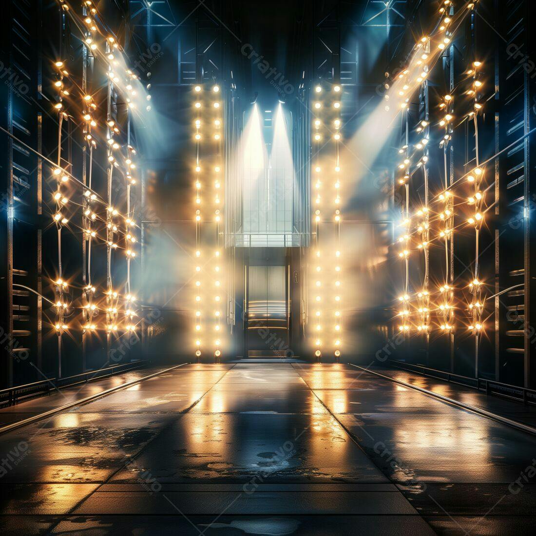 Palco iluminado com luzes amarelas e azuis