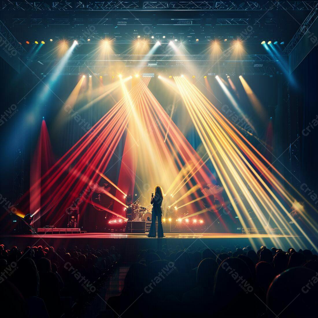 Cantora no palco com iluminação vibrante