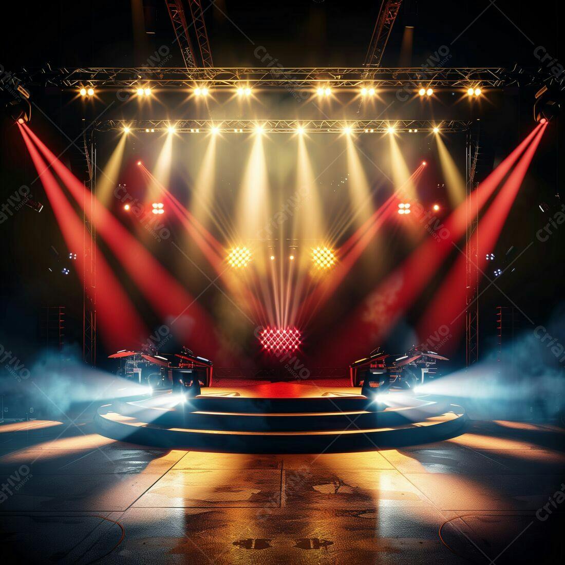 Palco de show com iluminação vermelha e amarela