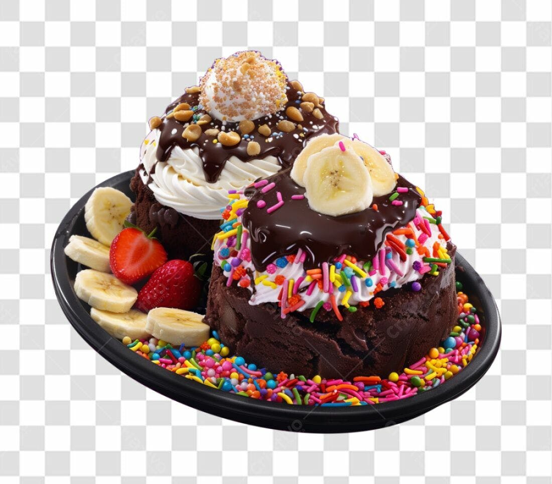 Imagem Sobremesa Brownie com Morango e Banana PNG com fundo transparente