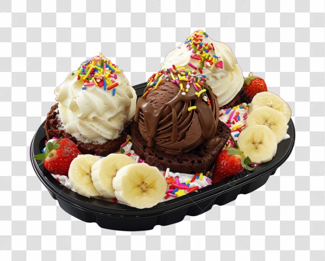 Imagem Sorvete Brownie Morangos Bananas PNG com fundo transparente