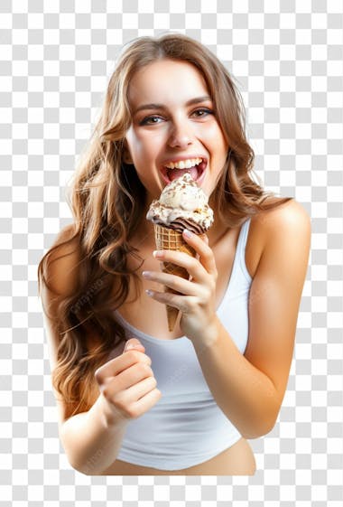 Uma linda mulher, tomando um sorvete de casquinha