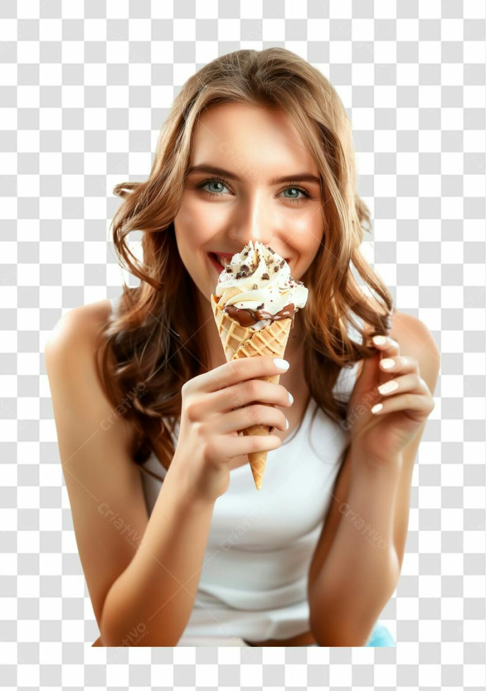 Uma Linda Mulher, Tomando Um Sorvete De Casquinha