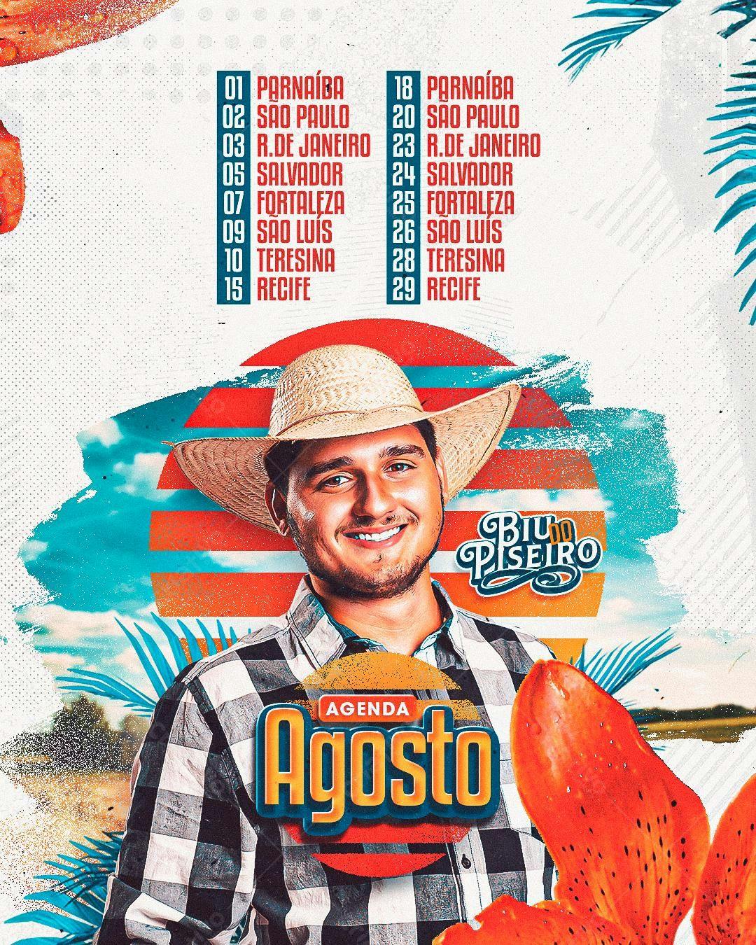 Flyer Agenda de Shows Biú do Piseiro Agosto PSD Editável