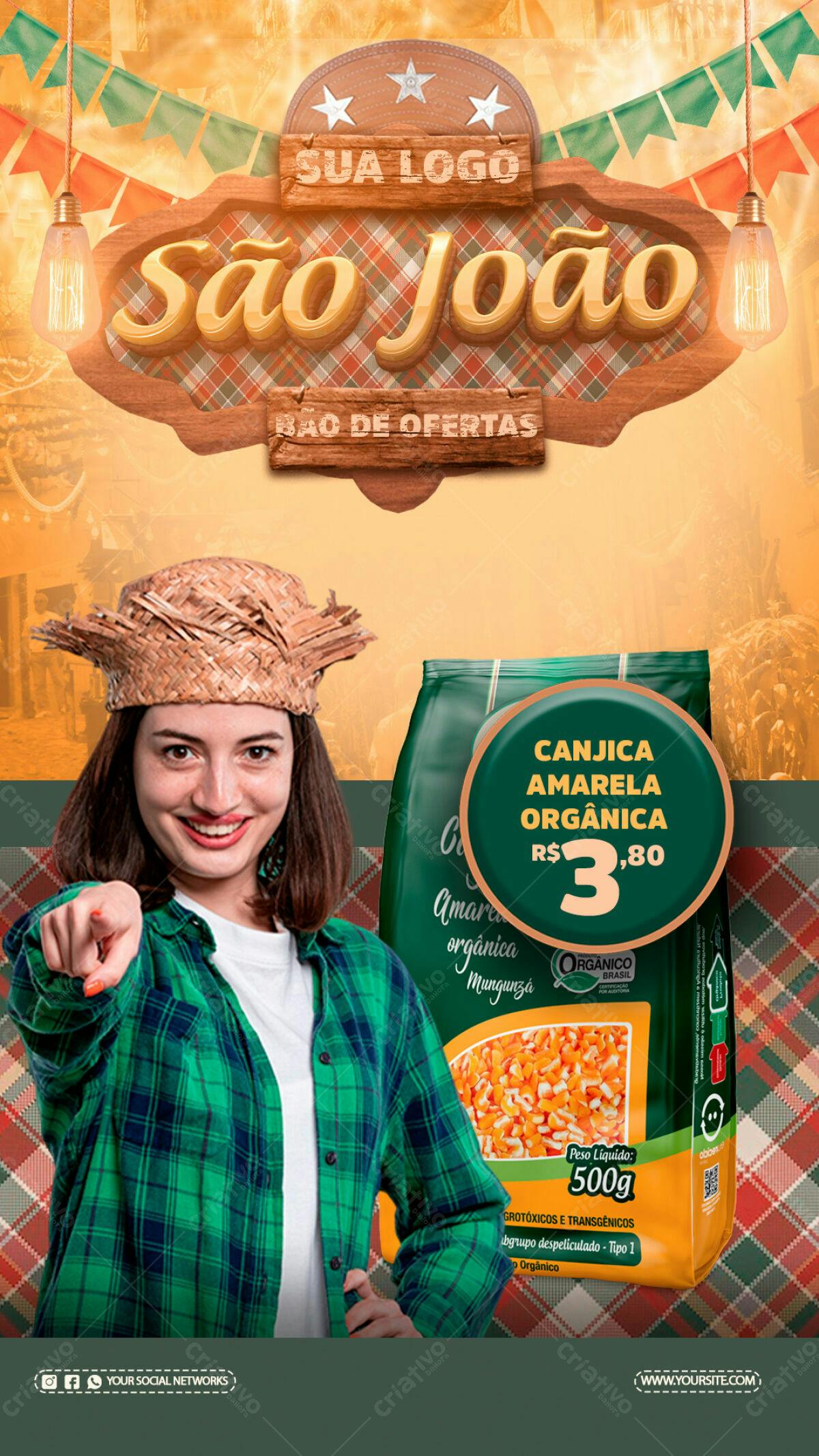 Flyer Festa Junina com Canjica Orgânica PSD Editável