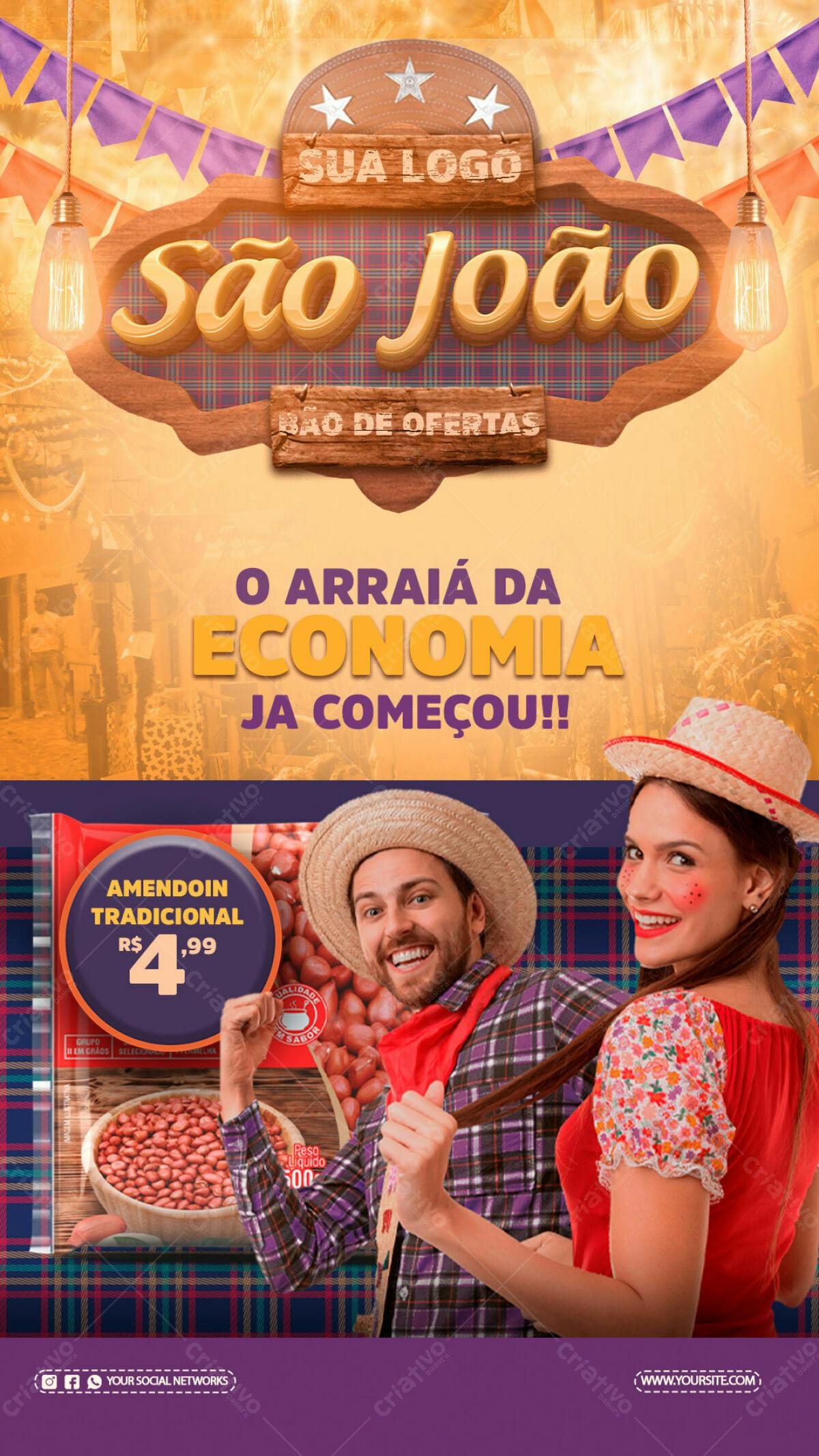 Flyer Festa Junina com casal e amendoim PSD Editável